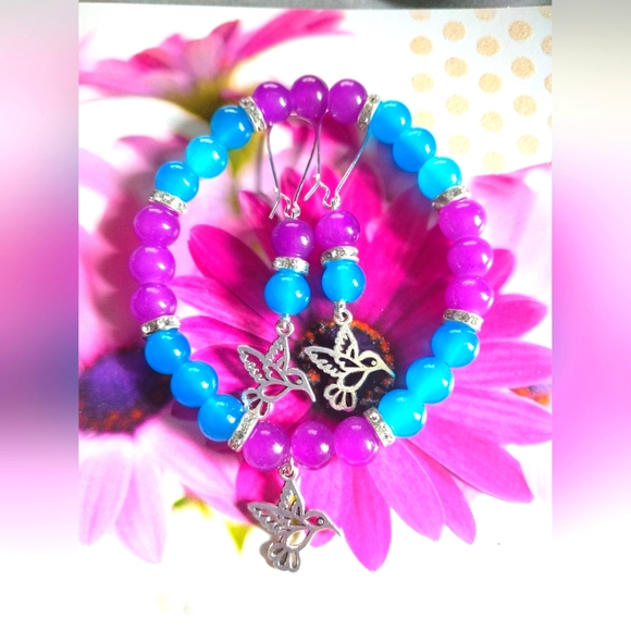 Blue an purple glass beads hummingbird earrings and bracelet set - Picture 1 of 2